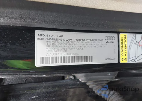 2007 Audi A4 2.0T from USA, damaged, VIN WAUDF48HX7K034847